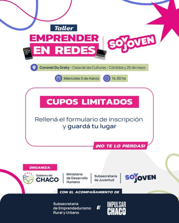 Invitan al taller Emprender en Redes, que se realizará en Santa Sylvina y Du Graty